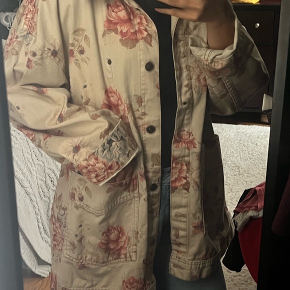 Basically new** Free People Floral Utility Jacket - Cream and Pink - Picture 1 of 5